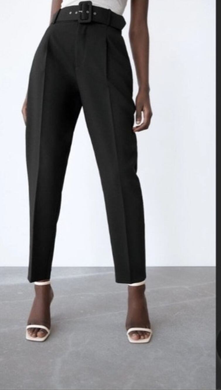 Zara Black High Rise Belted Tapered Trousers Workwear Office Pants XS